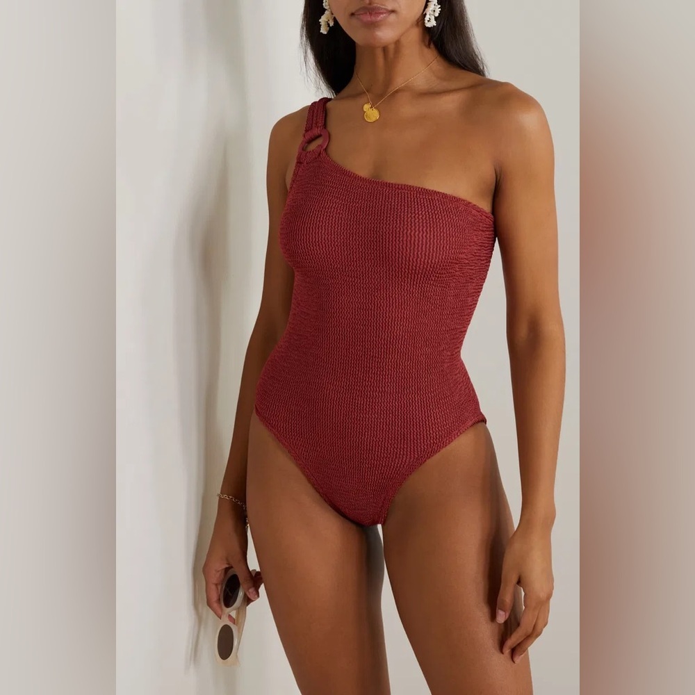 New Hunza G x Rose Inc Yasmeen Swimsuit Metalic Rosewood Crinkle One Size Red